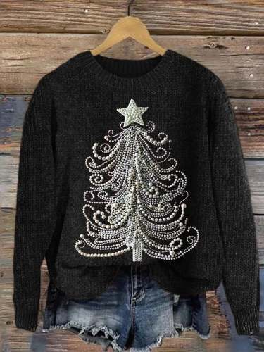 Women's Classy Christmas Tree Pearl Art Crew Neck Sweatshirt