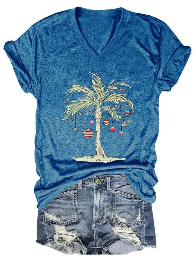 Women's Casual Merry Christmas From Coconut Tree Printed Short Sleeve T-Shirt