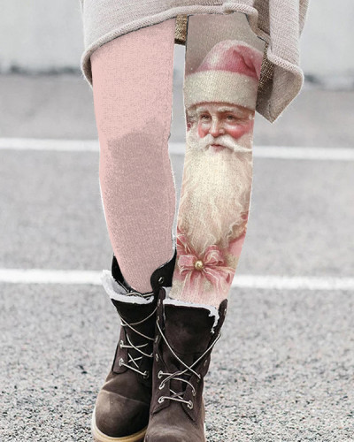 Pink Santa Claus Printed Casual Leggings