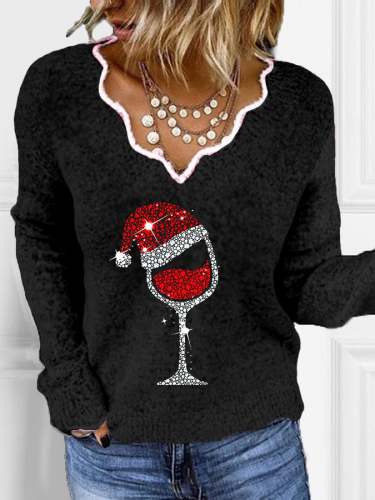 Women's Christmas Shiny Red Wine Glass Casual Lace V-Neck Top