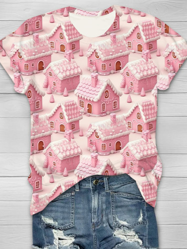 Pink Fantasy Igloo Print Casual Round Neck T-shirt