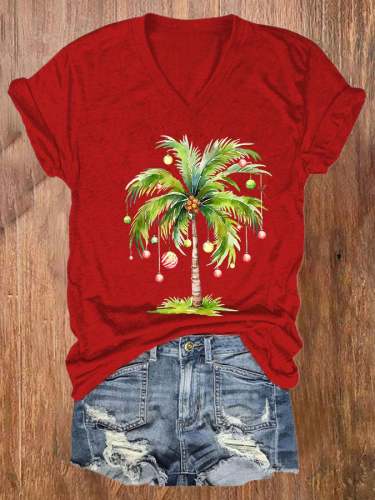 Women's Casual Christmas Palm Tree Printed Short Sleeve T-Shirt