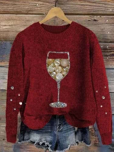Women's Christmas Wine Jewel Art Crew Neck Sweatshirt