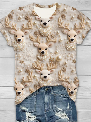 Cute elk print casual round neck T-shirt