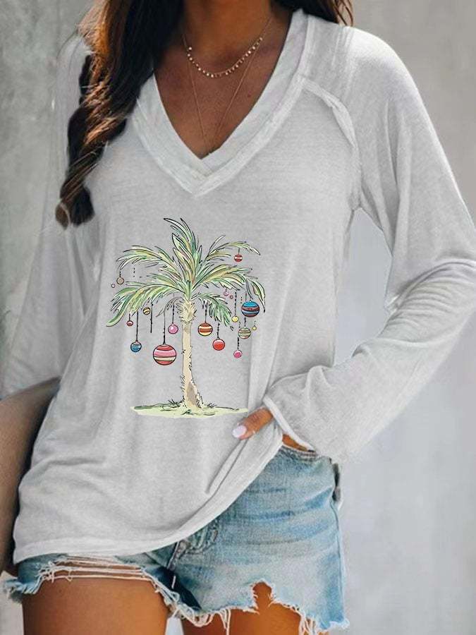 Women's Casual Merry Christmas From Coconut Tree Print Long Sleeve T-Shirt