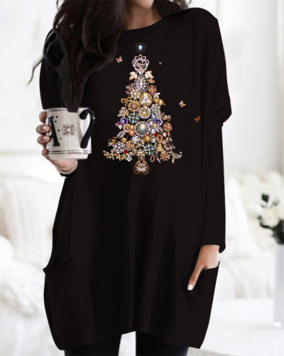 Retro Jewelry Christmas Tree Print Casual Crew Neck Midi Top