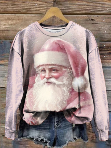 Pink Santa Claus Print Casual Crew Neck Loose Sweatshirt