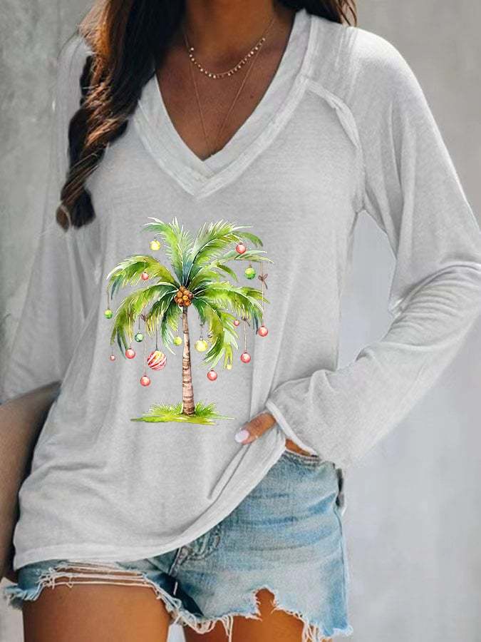 Women's Casual Christmas Palm Tree Print Long Sleeve T-Shirt