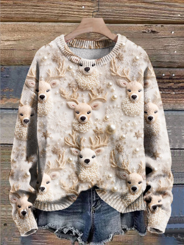 Christmas Elk Print Casual Knit Sweater