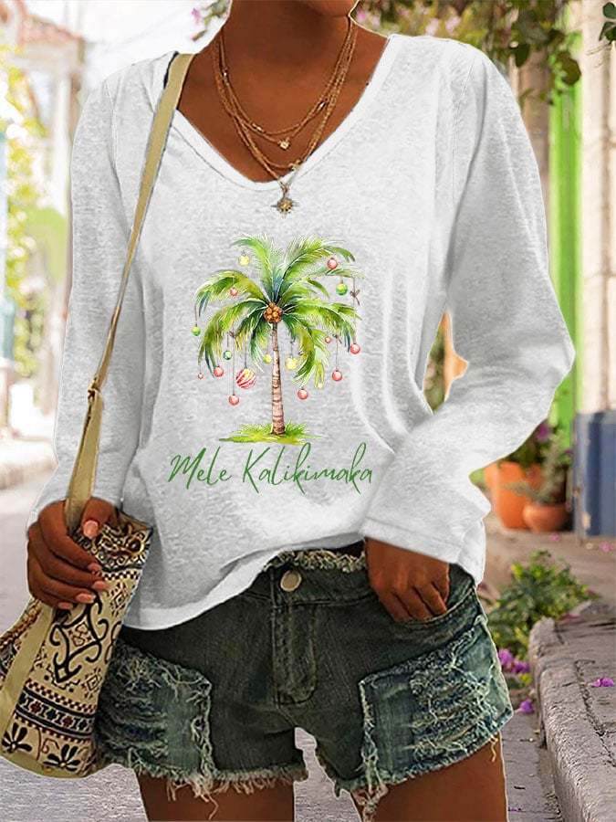 Women's Casual Mele Kalikimaka Printed Long Sleeve T-Shirt
