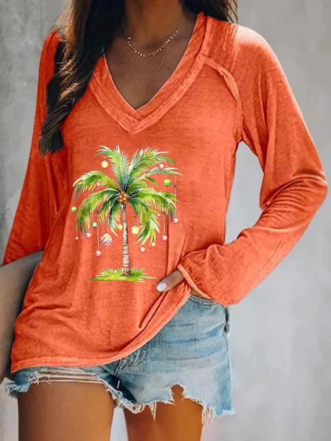 Women's Casual Christmas Palm Tree Print Long Sleeve T-Shirt