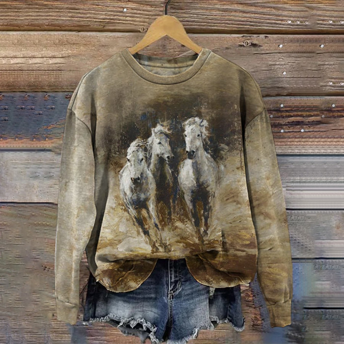 Vintage Western Horse Print Casual Sweatshirt