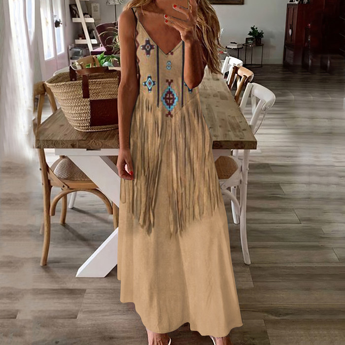 Vintage Western Fringe Print V-Neck Maxi Dress