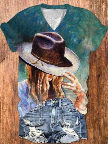 Women's Retro Western Cowgirl V-Neck T-Shirt