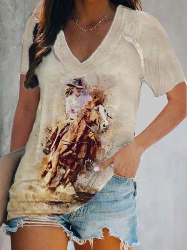 Women's Retro Western Cowgirl Print V-Neck Short Sleeves Top