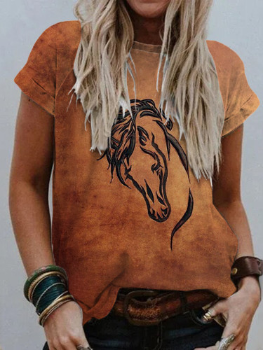 Western Horse Printed Round Neck Short Sleeve T-Shirt