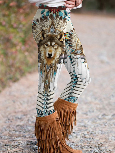 Vintage Western Tribal Wolf Print Casual Leggings