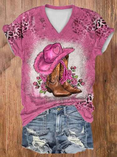 Women's Cowgirl Hat And Roses Print  V-Neck T-Shirt