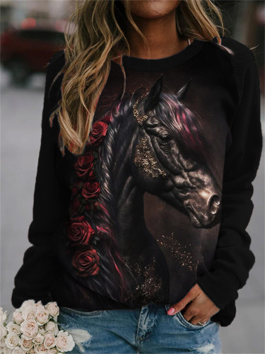 Elegant Black Horse with Roses Art Sweatshirt
