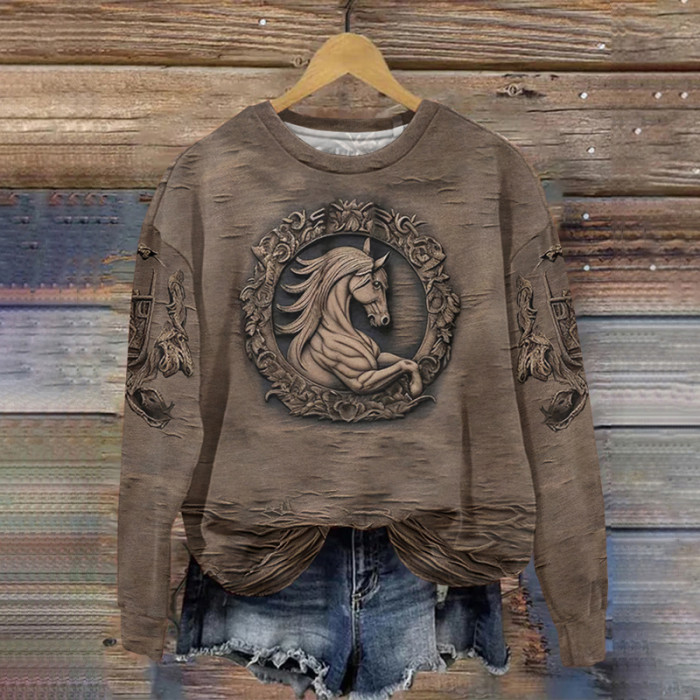 Vintage Western Horse Print Crew Neck Sweatshirt