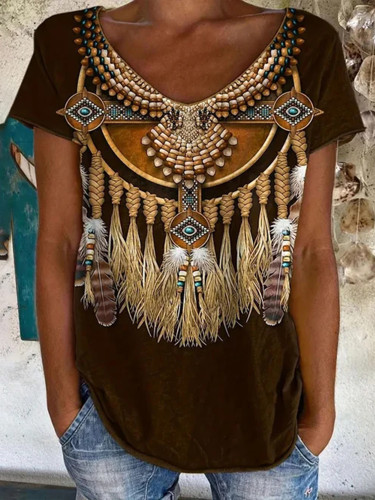 Western Retro Casual Tribal Print T-shirt