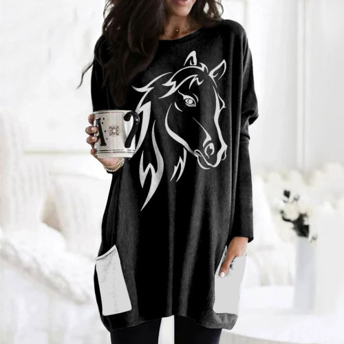 Casual Colorblock Horse Print Tunic