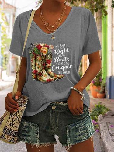 Women's Give A Girl The Right Pair Of Boots And She Can Conquer The World V-Neck Tee