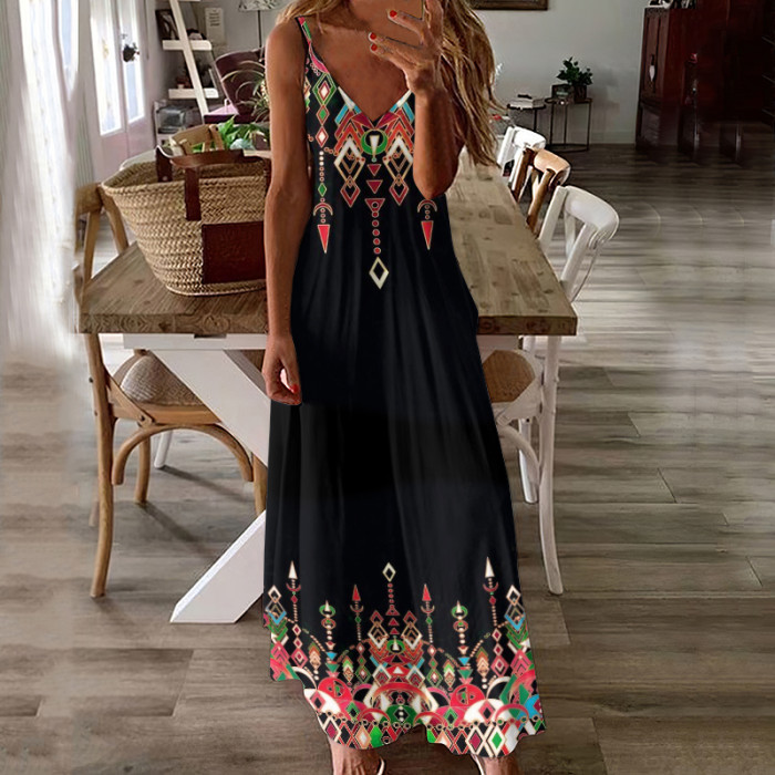 Western Geometry Printed Strap Maxi Dress