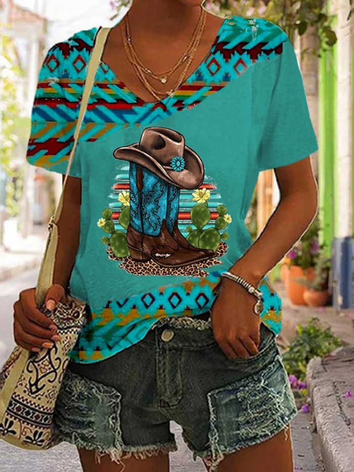 Western Retro Casual Print T-shirt