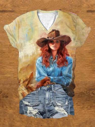 Women's Vintage Western Cool Cowgirl Print V Neck T-Shirt