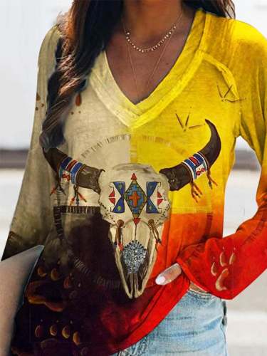Women's Casual Western Cow Print Long Sleeve T-Shirt