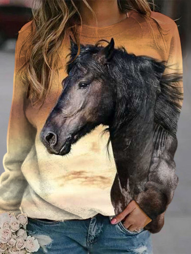 Vintage Horse Print Casual Long Sleeve Sweatshirt