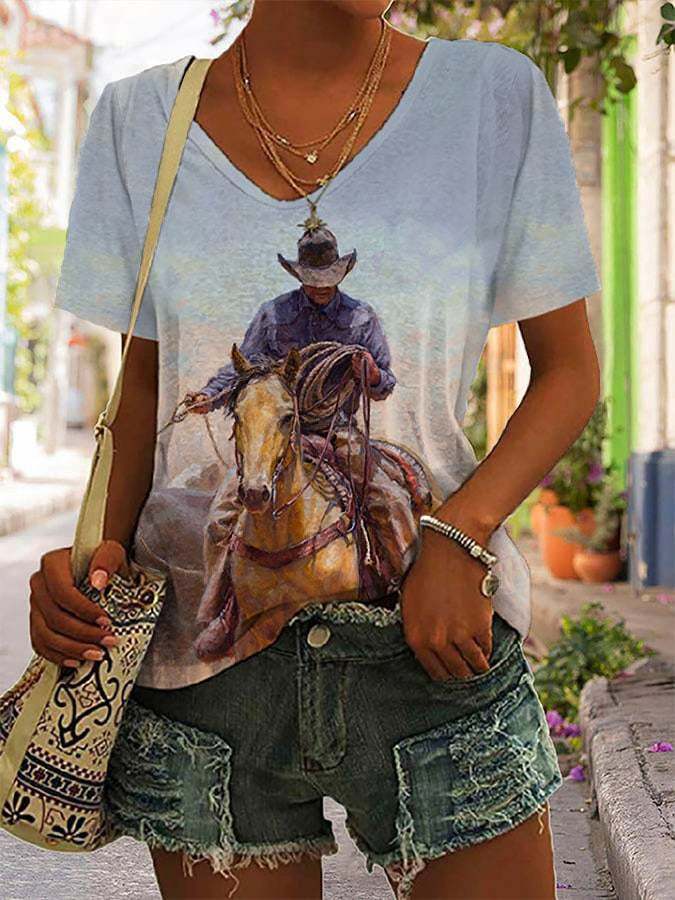 Women's Country Cowgirl Oil Painting Print T-Shirt