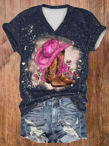 Women's Cowgirl Hat And Roses Print  V-Neck T-Shirt