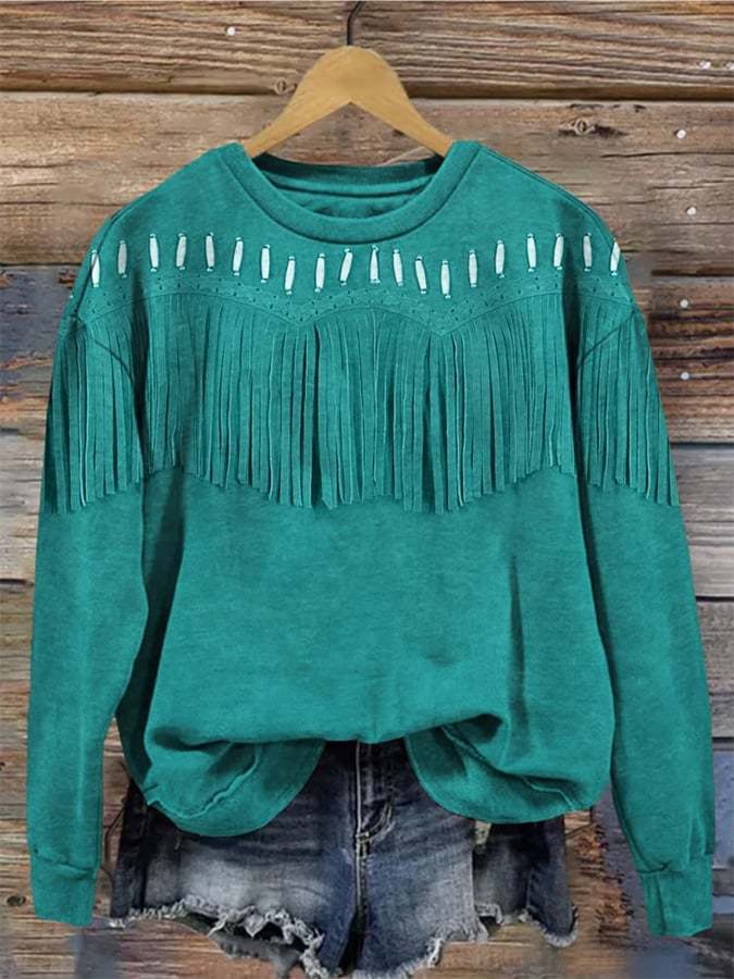 Vintage Western Fringe Print Long Sleeve Sweatshirt