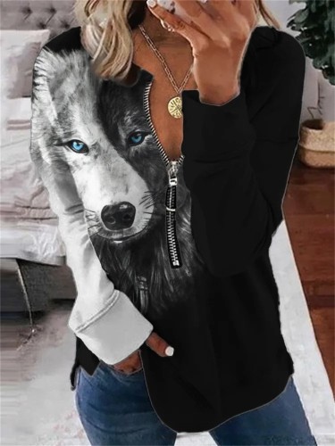 Black And White Wolf Contrast Zip Up Sweatshirt
