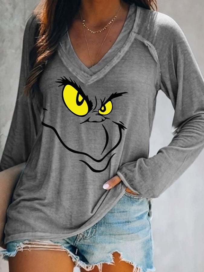 Women's Christmas Cartoon Character Casual V-Neck Long-Sleeve T-Shirt