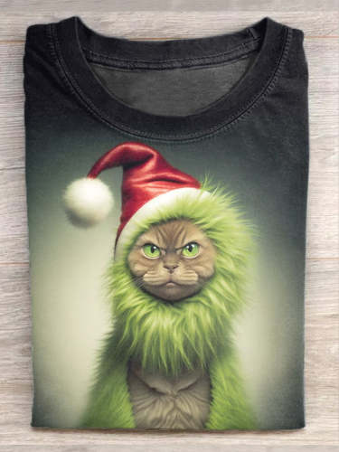 Christmas Funny Cat Print Casual T-Shirt