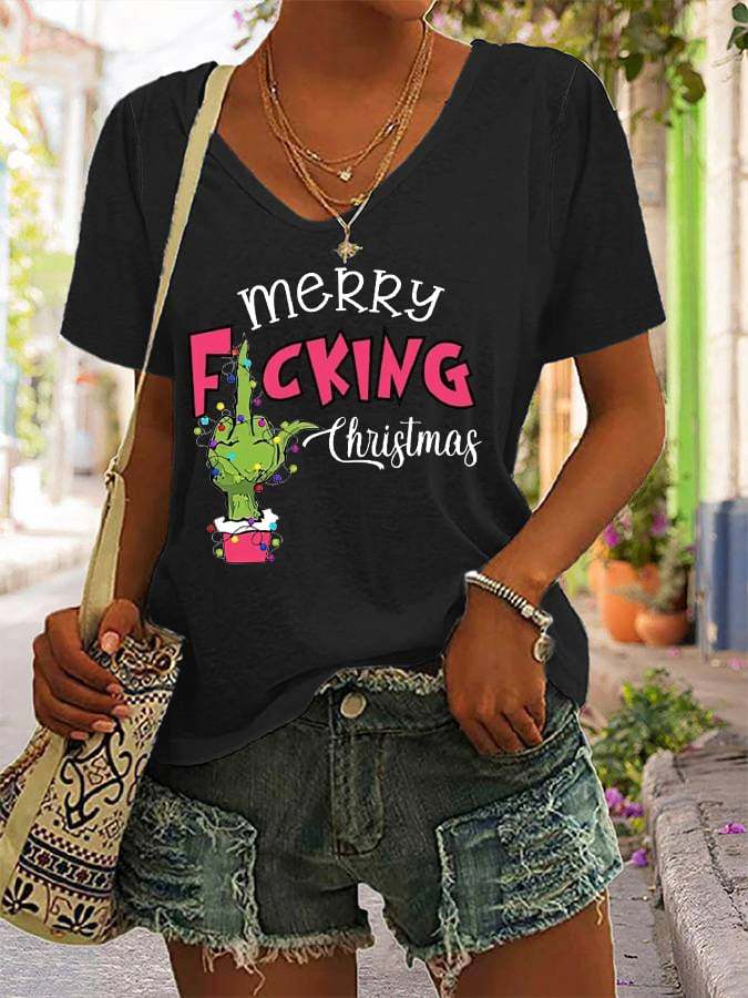 Women's Funny Merry F*cking Christmas Casual V-Neck Tee