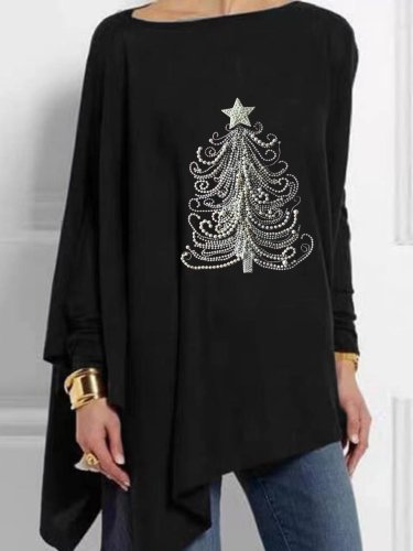 Women's Christmas Tree Print Irregular Casual T-Shirt