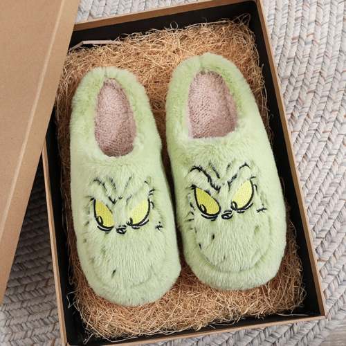 Christmas Men's And Women's Fashionable Home Green Fur Monster Warm Thick-Soled Soft-Soled Plush Slippers