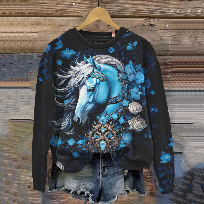 Art Horse Print Crew Neck Sweatshirt