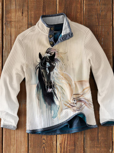 Horse Print Waffle Casual Sweatshirt