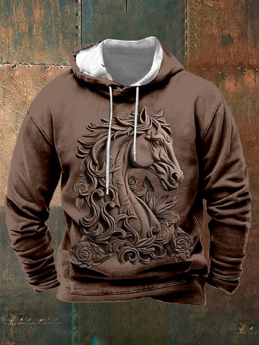 Men's Western Embossed Horse Print Hooded Sweatshirt