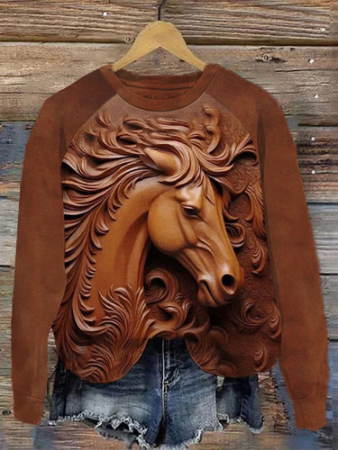 Western Horse Print Casual Round Neck Sweatshirt