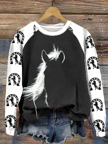 Horse Print Round Neck Casual Sweatshirt