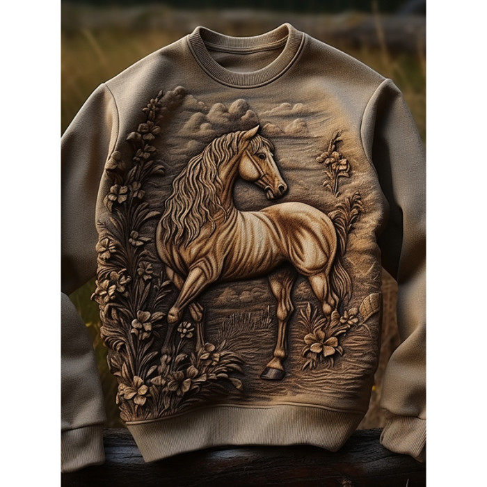 Vintage Horse Print Round Neck Sweatshirt