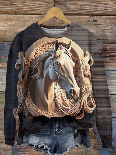 Vintage 3D Horse Print Long Sleeve Sweatshirt