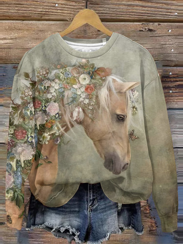 Vintage Western Horse And Floral Print Long Sleeve Sweatshirt