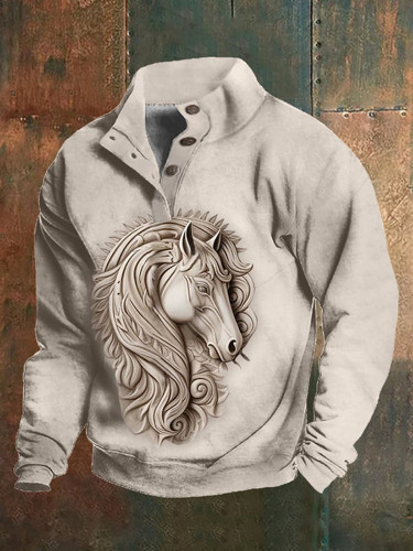 Men's Western Style 3d Embossed Horse Print Stand Collar Buttoned Sweatshirt